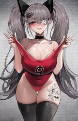 Rule 34 | 1girl, bare shoulders, black choker, black nails, black thighhighs, blush, breasts, choker, cleavage, collarbone, covered navel, crazy, flower tattoo, gluteal fold, grey background, grey hair, hair ornament, havoc-chan, highres, large breasts, leg tattoo, leotard, long hair, nail polish, off shoulder, one eye covered, original, parted lips, red eyes, red leotard, smile, solo, suou-sensei, tattoo, thigh gap, thighhighs, thighs, twintails, yami kawaii, yandere