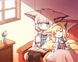 Rule 34 | 2girls, animal ears, arknights, black pantyhose, blonde hair, blue eyes, blue hairband, blush, book, closed eyes, closed mouth, colored tips, commentary request, cup, earpiece, flower, fox ears, fox girl, fox tail, grey hair, hairband, holding, holding cup, indoors, kitsune, kyuubi, lily of the valley, multicolored hair, multiple girls, multiple tails, name connection, object namesake, open mouth, pantyhose, reading, short hair, sitting, sleeping, sleeping upright, sussurro (arknights), suzuran (arknights), tail, two-tone hair, white hair, yodo rado