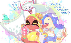 1boy 2girls big_man_(splatoon) blonde_hair blue_hair blue_shawl breasts cephalopod_eyes chest_sarashi closed_eyes colored_eyelashes crop_top dark-skinned_female dark_skin earrings fang food food_on_head frye_(splatoon) hair_over_one_eye highres holding holding_ice_cream_cone ice_cream ice_cream_cone inkling jewelry long_hair long_pointy_ears looking_at_another manta_ray minamidena multiple_earrings multiple_girls nintendo object_on_head octoling pointy_ears red_eyes sarashi see-through_clothes see-through_shawl shawl shiver_(splatoon) simple_background splatoon_(series) splatoon_3 spoon suction_cups tempura tentacle_hair tongue tongue_out tooth_earrings utensil_in_mouth white_background yellow_shawl