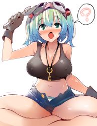 Rule 34 | 1girl, :o, ?, adjustable wrench, aqua eyes, aqua hair, black gloves, black tank top, blush, breasts, commentary request, covered erect nipples, crop top, denim, denim shorts, gloves, goggles, goggles on head, hair bobbles, hair ornament, highres, indian style, jewelry, kamukamu (ars), kawashiro nitori, key, large breasts, midriff, navel, necklace, no headwear, open mouth, panties, pantyshot, short shorts, shorts, simple background, sitting, solo, spoken question mark, striped clothes, striped panties, tank top, touhou, two side up, unbuttoned, underwear, white background, wrench