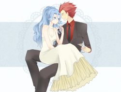 Rule 34 | 1boy, 1girl, black necktie, blue eyes, blue hair, clair (pokemon), closed eyes, closed mouth, creatures (company), dress, game freak, gym leader, twirling hair, lance (pokemon), long hair, necktie, nintendo, open mouth, pokemon, pokemon hgss, red hair, short hair, simple background, sitting, sitting on lap, sitting on person, sleeveless, sleeveless dress, smile, tuxedo, white dress
