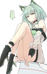 Rule 34 | ..., 1girl, animal ears, ankle strap, arknights, bare legs, bare shoulders, black footwear, blunt bangs, boots, cat ears, cat girl, choker, closed mouth, criss-cross halter, dot nose, dress, dutch angle, expressionless, full body, green dress, green eyes, green hair, halterneck, high heel boots, high heels, highres, jewelry, kal&#039;tsit (arknights), knees together feet apart, knees up, legs, long sleeves, looking at viewer, matching hair/eyes, off-shoulder dress, off shoulder, ring, see-through, shino duka, short hair, simple background, sitting, solo, speech bubble, spoken ellipsis, thighs, tsurime, watch, white background, wristwatch