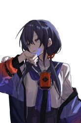 Rule 34 | 1girl, black hair, blue neckerchief, blue sailor collar, chuanzhoujikou, closed mouth, gradient jacket, hair between eyes, highres, jacket, long hair, looking to the side, low ponytail, low twintails, neckerchief, nijisanji, paint splatter, paint splatter on face, ponto nei, ponto nei (1st costume), purple eyes, sailor collar, simple background, solo, twintails, upper body, virtual youtuber, white background