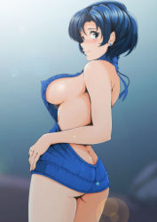 Rule 34 | 1girl, aran sweater, ass, backless dress, backless outfit, bare arms, bare back, bare shoulders, bishoujo senshi sailor moon, blue dress, blue eyes, blue hair, blush, breasts, butt crack, cable knit, closed mouth, commentary, covered erect nipples, cowboy shot, curvy, dress, dutch angle, earrings, from behind, hand on own hip, highres, hip focus, jewelry, lens flare, looking at viewer, looking back, medium breasts, meme attire, mizuno ami, naked sweater, nanashi noiji, ribbed sweater, short hair, sideboob, smile, solo, standing, sweater, sweater dress, thick thighs, thighs, turtleneck, turtleneck sweater, virgin killer sweater, wide hips
