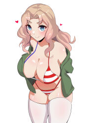Rule 34 | 1girl, absurdres, american flag bikini, american flag print, bikini, bikini under clothes, blonde hair, blue eyes, blush, breasts, cleavage, closed mouth, clothes pull, commentary, cowboy shot, flag print, girls und panzer, green shirt, hair intakes, halterneck, heart, highres, kay (girls und panzer), large breasts, leaning forward, long hair, looking at viewer, off shoulder, open clothes, open shirt, print bikini, shirt, shirt pull, skindentation, smile, solo, standing, string bikini, swimsuit, tenpura32200, thighhighs, undressing, white thighhighs