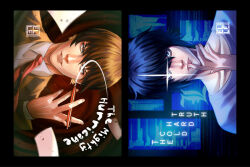 2boys black_hair blazer brown_hair collarbone death_note death_note:_the_musical highres jacket l_(death_note) lips male_focus multiple_boys necktie numbuh424 parted_lips pen shirt smile white_shirt yagami_light