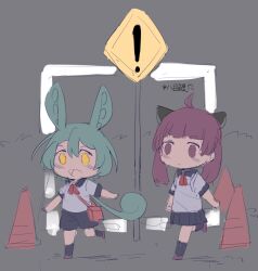 Rule 34 | !, 2girls, :d, ahoge, animal ears, bag, black background, black shorts, black skirt, black socks, chinese commentary, closed mouth, commentary request, expressionless, flat color, full body, green hair, grey shirt, hair between eyes, kneehighs, long hair, looking ahead, looking at another, medium hair, miniskirt, multiple girls, neckerchief, no nose, open mouth, pleated skirt, purple eyes, purple hair, red neckerchief, road sign, shirt, short sleeves, shorts, shoulder bag, sign, sketch, skirt, smile, socks, split mouth, standing, standing on one leg, touhoku kiritan, traffic cone, translation request, unfinished, voiceroid, walking, yatsume ana, yellow eyes, youshishou, zundamon