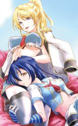 Rule 34 | 2girls, ayase eli, blonde hair, blue eyes, blue gloves, blue hair, blush, breasts, commentary request, fingerless gloves, gloves, hair between eyes, hand on another&#039;s head, headpat, lap pillow, long hair, looking at viewer, love live!, love live! school idol festival, love live! school idol project, lying, multiple girls, navel, open mouth, ponytail, scrunchie, sitting, skirt, sonoda umi, striped clothes, striped gloves, thighhighs, underboob, urutsu sahari, white scrunchie, yellow eyes