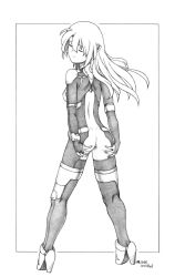 Rule 34 | 1girl, ass, ass cutout, bodysuit, border, breasts, closed eyes, clothing cutout, dimples of venus, fingerless gloves, from behind, full body, gloves, graphite (medium), greyscale, harumachi nagaaki, high heels, highres, looking back, monochrome, nipples, original, sideboob, simple background, solo, spread ass, standing, traditional media, white background