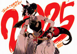 1girl 2025 animal_ears bare_shoulders black_hair black_shirt blue_eyes breasts chinese_zodiac ear_covers elbow_gloves feet_out_of_frame fingerless_gloves gloves gourd hair_extensions hi_(ibisf5umauma) highres holding holding_gourd horse_ears horse_girl horse_tail katsuragi_ace_(umamusume) long_hair looking_to_the_side multicolored_hair new_year ring_hair_extensions sash scroll shirt sideways_mouth skirt sleeveless sleeveless_shirt small_breasts smile solo squatting streaked_hair tail tassel twitter_username umamusume v-shaped_eyebrows white_background white_gloves white_skirt year_of_the_snake