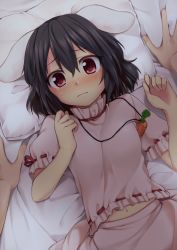 Rule 34 | 1girl, animal ears, bad id, bad pixiv id, black hair, blush, carrot necklace, inaba tewi, jewelry, looking at viewer, lying, navel, necklace, nnyara, on back, pendant, pillow, pov, rabbit ears, red eyes, ribbon-trimmed clothes, ribbon-trimmed sleeves, ribbon trim, short hair, short sleeves, solo focus, sweat, touhou