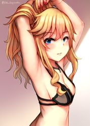 Rule 34 | 1girl, absurdres, armpits, artist name, black bra, blonde hair, blue eyes, blush, bra, breasts, from side, gupunetsu, hair between eyes, hand in own hair, highres, idolmaster, idolmaster cinderella girls, jewelry, long hair, looking at viewer, medium breasts, nail polish, necklace, ohtsuki yui, parted lips, pink nails, smile, solo, underwear, upper body, wavy hair