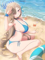 Rule 34 | 1girl, absurdres, asuna (blue archive), beach, blue archive, blue eyes, blush, breasts, cleavage, commentary, commission, crab, doodle sensei (blue archive), hair over one eye, halo, highres, large breasts, long hair, looking at viewer, maikurorensu, mole, mole on breast, one eye closed, scrunchie, sensei (blue archive), smile, solo, swimsuit, wrist scrunchie
