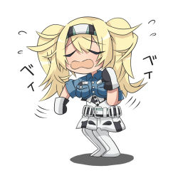 Rule 34 | 1girl, akisake (akisakaplus), bad id, bad pixiv id, belt, blonde hair, blue shirt, breast pocket, breasts, collared shirt, dress, gambier bay (kancolle), gloves, hairband, kantai collection, medium breasts, motion lines, multicolored clothes, open mouth, pocket, sad, sailor dress, shirt, short sleeves, simple background, sweatdrop, thighhighs, twintails, wavy mouth, white background, zui zui dance