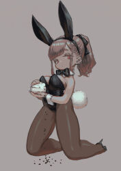 Rule 34 | 1girl, animal ears, black leotard, black ribbon, bow, bowtie, breasts, brown hair, detached collar, expressionless, fake animal ears, fake tail, full body, grey background, hair ribbon, high heels, highres, holding animal, holding rabbit, jonpei, kneeling, leotard, long hair, looking at viewer, medium breasts, original, pantyhose, playboy bunny, ponytail, rabbit, rabbit ears, rabbit tail, red eyes, ribbon, sidelocks, simple background, solo, strapless, strapless leotard, tail, wrist cuffs