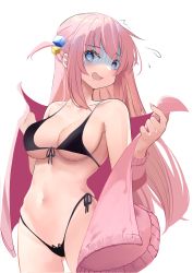 Rule 34 | 1girl, @ @, absurdres, bikini, black bikini, blue eyes, bocchi the rock!, breasts, cleavage, collarbone, cube hair ornament, front-tie top, gotoh hitori, groin, hair ornament, highres, large breasts, long hair, looking at viewer, medium breasts, navel, nervous, open mouth, pink hair, side-tie bikini bottom, simple background, solo, swimsuit, turning head, underboob, undressing, zeppeki shoujo