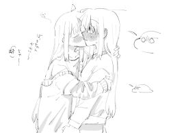 2girls ahoge blush bocchi_the_rock! closed_eyes commentary_request d3g_takahashi ear_blush gotoh_hitori gotoh_hitori_(tsuchinoko) greyscale hand_on_another&#039;s_arm hand_on_another&#039;s_shoulder ijichi_nijika kiss long_sleeves looking_at_another monochrome multiple_girls off_shoulder squeans sweat translation_request yuri