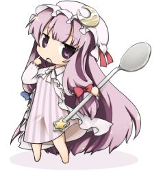 Rule 34 | 1girl, :&lt;, bad id, bad pixiv id, barefoot, chibi, crescent, crescent moon, female focus, hair ribbon, hat, long hair, lowres, moon, open mouth, patchouli knowledge, pointing, purple eyes, purple hair, ribbon, solo, spoon, star (symbol), tefun, tefun (tehun), touhou, very long hair