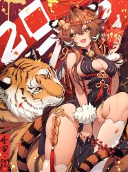 1girl absurdres animal_ears bell blush brown_eyes brown_hair china_dress chinese_clothes chinese_text dress hair_ornament highres long_hair looking_at_viewer nail_polish nana_ann neck_bell open_mouth original solo tiger tiger_girl