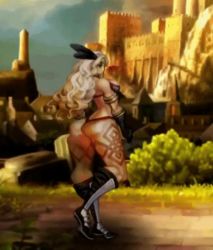 Rule 34 | 1girl, amazon (dragon&#039;s crown), amazon warrior, animated, animated gif, ass, attack, bikini, blonde hair, boots, bouncing breasts, breasts, dragon&#039;s crown, feathers, female focus, gloves, hip focus, kicking, large breasts, legs, long hair, lowres, motion blur, muscular, outdoors, solo, standing, swimsuit, sword, tattoo, thick thighs, thigh boots, thighhighs, thighs, vanillaware, weapon, wide hips