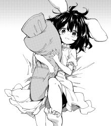 Rule 34 | 1girl, animal ears, bad id, bad pixiv id, barefoot, black hair, carrot-shaped pillow, dress, feet, frilled dress, frills, greyscale, inaba tewi, looking at viewer, lying, monochrome, hugging object, on back, pillow, pillow hug, puffy short sleeves, puffy sleeves, rabbit ears, sawayaka samehada, short hair, short sleeves, solo, touhou