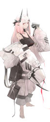 Rule 34 | 1girl, absurdres, arknights, barefoot, black gloves, breasts, commentary, gloves, hammer, highres, holding, holding hammer, holding weapon, horns, koio, large breasts, long hair, long sleeves, material growth, mudrock (arknights), mudrock (elite ii) (arknights), oripathy lesion (arknights), pink eyes, pink hair, pointy ears, sarashi, simple background, solo, sports bra, weapon, white background