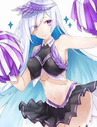 Rule 34 | 1girl, blush, breasts, brynhildr (cheer for master) (fate), brynhildr (fate), cheerleader, fate/prototype, fate (series), hsiao, long hair, navel, pom pom (cheerleading), purple eyes, silver hair, skirt, smile, solo, star (symbol), very long hair, wind, wind lift