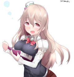 Rule 34 | 10s, 1girl, bad id, bad twitter id, boruhis, bottle, breasts, brown eyes, grey hair, hat, kantai collection, long hair, looking at viewer, open mouth, pola (kancolle), smile, solo, upper body, wavy hair