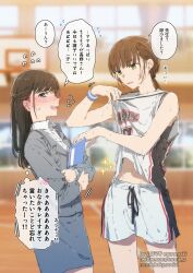 2girls blurry blurry_background brown_hair collarbone collared_shirt commentary_request grey_jacket grey_skirt half_updo highres indoors jacket long_hair low_ponytail midriff multiple_girls muromaki navel open_mouth original shirt shorts skirt sleeveless sleeveless_shirt sweat translation_request white_shirt white_shorts