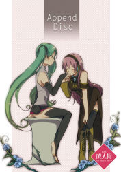 Rule 34 | 2girls, barefoot, boots, bridal gauntlets, cover, cover page, cross-laced footwear, closed eyes, green hair, hatsune miku, hatsune miku (append), headphones, knee boots, lace-up boots, long hair, megurine luka, multiple girls, pink hair, sekihara umina, sitting, skirt, thighhighs, twintails, very long hair, vocaloid, vocaloid append, yuri