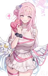 Rule 34 | 1girl, absurdres, angel wings, artist name, black scrunchie, blue archive, blush, box, cowboy shot, crescent, crescent pin, dress, feathered wings, flower, gift, gift box, grin, hair bun, hair flower, hair ornament, halo, heart, heart-shaped box, highres, holding, holding gift, long hair, looking at viewer, mell (dmwe3537), mika (blue archive), pink hair, pink halo, purple flower, scrunchie, short sleeves, signature, single side bun, smile, solo, spoken heart, thigh strap, white dress, white wings, wings, wrist scrunchie, yellow eyes