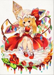 Rule 34 | 1girl, absurdres, acrylic paint (medium), apple, ascot, blonde hair, bow, canvas (medium), cross, crystal, dripping, fangs, flandre scarlet, flower, food, frilled shirt collar, frilled skirt, frilled sleeves, frills, fruit, gradient eyes, hair intakes, hat, highres, holding, holding food, holding fruit, light blush, looking at viewer, marker (medium), mary janes, mob cap, multicolored eyes, one side up, painting (medium), puffy short sleeves, puffy sleeves, red bow, red eyes, red footwear, red skirt, red vest, rose, shirt, shoes, short hair, short sleeves, side ponytail, signature, sitting, skirt, skirt set, solo, torajirou (toraneko zirou), touhou, traditional media, vest, white background, white shirt, wings, yellow ascot