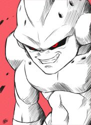 Rule 34 | 1boy, absurdres, commentary request, dragon ball, dragonball z, evil grin, evil smile, grin, hatching (texture), highres, hunched over, kid buu, liedein, majin buu, male focus, monochrome, red background, red eyes, signature, smile, solo, spot color, upper body