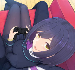 Rule 34 | 1boy, 1girl, :d, absurdres, black jacket, black pants, black pantyhose, black skirt, blazer, blue hair, blurry, blurry background, blush, bow, breasts, commentary request, controller, couch, depth of field, game controller, hair between eyes, heart, highres, holding, indoors, jacket, medium breasts, necktie, nijisanji, no shoes, on couch, open mouth, pants, pantyhose, playstation controller, pleated skirt, pov, purple bow, purple neckwear, shizuka rin, sitting, skirt, smile, solo focus, temari rin, virtual youtuber, wooden floor, yellow eyes