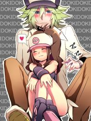 Rule 34 | 10s, 1boy, 1girl, :3, aka ruuko, bad id, bad pixiv id, baseball cap, blue eyes, blush, boots, brown hair, closed eyes, creatures (company), game freak, green hair, hat, heart, height difference, hilda (pokemon), long hair, n (pokemon), nintendo, pokemon, pokemon bw, sitting, size difference, spoken heart