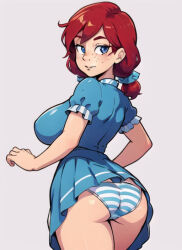 Rule 34 | 1girl, airtbad, ass, ass focus, blue eyes, blush, breasts, closed mouth, clothes lift, female focus, freckles, frilled sleeves, frills, from behind, hair between eyes, hair ribbon, hourglass, large breasts, over-the-shoulder, panties, red hair, ribbon, short hair, short sleeves, simple background, skirt, skirt lift, smile, solo, solo focus, striped clothes, striped panties, thick thighs, thighs, twintails, underwear, wendy&#039;s, wendy (wendy&#039;s)