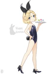 Rule 34 | 1girl, alternate costume, animal ears, arched back, bare legs, black footwear, black leotard, blonde hair, blue eyes, easter, easter egg, egg, fake animal ears, flat chest, full body, happy easter, high heels, janus (kancolle), kantai collection, leotard, looking at viewer, one-hour drawing challenge, playboy bunny, rabbit ears, rabbit tail, short hair, simple background, smile, solo, standing, strapless, strapless leotard, tail, white background, yamashichi (mtseven)