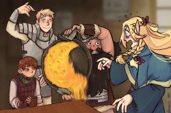 Rule 34 | 0 0, 1girl, 3boys, accident, beard, brown hair, chilchuck tims, dungeon meshi, dwarf, emece-sp, facial hair, fake horns, falling, food, frying pan, helmet, highres, holding, holding frying pan, horned helmet, horns, laios touden, long beard, looking at another, marcille donato, multiple boys, mustache, pointing, pointing forward, scared, senshi (dungeon meshi), smug, thick mustache, very long beard, wide-eyed, wok