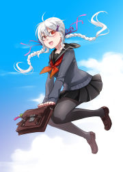 Rule 34 | 1girl, ahoge, albino, bespectacled, braid, breasts, caffein, cardigan, day, glasses, gradient background, highres, long hair, looking at viewer, medium breasts, open mouth, pale skin, pantyhose, red eyes, sailor collar, school uniform, sky, smile, solo, twin braids, very long hair, vocaloid, white hair, yowane haku