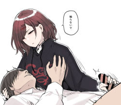 Rule 34 | 1boy, 1girl, bar censor, black sweater, blush, breasts, brown eyes, brown hair, censored, collared shirt, commentary request, faceless, faceless male, hair ornament, hairclip, half-closed eyes, hand up, handjob, hetero, higuchi madoka, hood, idolmaster, idolmaster shiny colors, long sleeves, medium breasts, medium hair, parted lips, penis, shirt, short hair, simple background, speech bubble, speed lines, sunaba suzume, sweat, sweater, translated, white background, white shirt