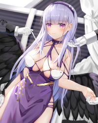 Rule 34 | 1girl, absurdres, azur lane, bare arms, bare shoulders, black hairband, black wings, blunt bangs, blush, closed mouth, commentary request, cowboy shot, dido (anxious bisque doll) (azur lane), dido (azur lane), disembodied limb, dress, feathered wings, gloves, hairband, halter dress, halterneck, highres, holding hands, linz (linzimmm), pelvic curtain, purple dress, purple eyes, silver hair, sleeveless, sleeveless dress, solo, white gloves, wings
