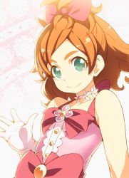 Rule 34 | 1girl, bad id, bad twitter id, bow, bowtie, brown hair, choker, closed mouth, flower choker, gloves, go! princess precure, green eyes, hair bow, haruno haruka, looking at viewer, medium hair, pink bow, precure, red bow, red bowtie, smile, solo, tasaka shinnosuke, upper body, white gloves
