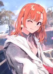 Rule 34 | 1girl, :p, blurry, blurry background, blush, brown eyes, collar, earrings, from side, grey jacket, highres, isshiki iroha, jacket, jewelry, lips, looking at viewer, medium hair, one eye closed, orange hair, outdoors, ponkan 8, sitting, smile, solo, tongue, tongue out, tree, upper body, yahari ore no seishun lovecome wa machigatteiru.