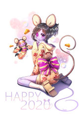 Rule 34 | 2020, 2girls, animal ears, back bow, black hair, blindfold, blush, bow, brown footwear, brown kimono, button eyes, buttons, cheese, chinese zodiac, closed mouth, colored skin, commentary request, floral print, follower (identity v), food, full body, geta, hand up, identity v, japanese clothes, kimono, long sleeves, looking at viewer, looking to the side, mini person, minigirl, mouse ears, mouse girl, mouse tail, multiple girls, ponytail, print kimono, purple bow, purple eyes, purple skin, shadow, shoe soles, signature, sitting, sleeves past wrists, socks, striped, striped bow, tail, tempy (rinsia), wariza, whiskers, white background, white legwear, year of the rat, yidhra