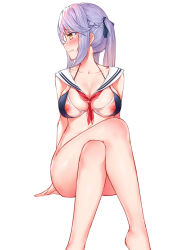 Rule 34 | 1girl, adapted costume, azur lane, bare legs, bikini, bikini top only, blue bikini, blue hair, blush, bra, braid, breasts, cleavage, collarbone, commentary, crossed legs, cupless bra, embarrassed, essex (azur lane), french braid, full-face blush, full body, large breasts, long hair, looking to the side, necktie, nipples, no panties, prpr friends, red necktie, sailor collar, simple background, sitting, skindentation, solo, swimsuit, twintails, underwear, white background, yellow eyes