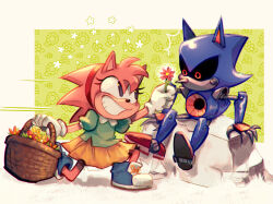 Rule 34 | 1boy, 1girl, 9474s0ul, amy rose, animal ears, animal nose, basket, blue footwear, blush, floral background, flower, flower basket, full body, furry, furry female, giving, gloves, grass, green background, green shirt, grin, highres, holding, holding basket, holding flower, looking at another, metal sonic, orange skirt, pink flower, puffy short sleeves, puffy sleeves, red eyes, robot, rock, shirt, shoes, short sleeves, sitting, skirt, smile, sonic (series), sonic cd, sonic the hedgehog (classic), white gloves