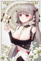 Rule 34 | 1girl, absurdres, azur lane, bad id, bad pixiv id, bare shoulders, binoculars, breasts, cleavage, collarbone, commentary request, detached collar, detached sleeves, flower, formidable (azur lane), hair ribbon, highres, holding, iren lovel, large breasts, lily (flower), long hair, looking at viewer, maid, red eyes, ribbon, silver hair, simple background, solo, sparkle, twintails