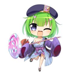 Rule 34 | 1girl, beret, black footwear, blue kimono, blush, bow, breasts, candy, character request, chibi, commentary request, food, full body, geta, haori, hat, holding, holding candy, holding food, holding lollipop, hop step jumpers, jacket, japanese clothes, kimono, lets0020, lollipop, looking at viewer, medium bangs, open mouth, purple bow, purple eyes, purple hat, purple jacket, purple sash, sash, short hair, simple background, single off shoulder, small breasts, smile, solo, swirl lollipop, transparent background, waist bow