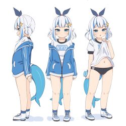 Rule 34 | 1girl, :&lt;, alternate costume, arm behind back, black bloomers, bloomers, blue eyes, blue hair, blue jacket, blunt bangs, bottle, bow, breasts, buruma, chestnut mouth, clothes lift, collarbone, commentary, english commentary, expressionless, fins, fish tail, full body, gawr gura, gym uniform, hair bow, hair ornament, hair ribbon, hairband, highres, holding, holding bottle, hololive, hololive english, jacket, looking at viewer, looking down, midriff, midriff peek, multicolored hair, multiple views, navel, open clothes, open jacket, profile, ribbon, shark girl, shark tail, shirt, shirt lift, shoes, short sleeves, sidelocks, simple background, small breasts, sneakers, standing, star (symbol), star hair ornament, streaked hair, tail, tenroy, track jacket, two side up, underwear, virtual youtuber, white background, white footwear, white shirt