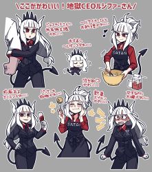 Rule 34 | 1boy, 1girl, alcohol, apron, arm hug, black apron, black neckwear, black pants, black suit, blush, breasts, chibi, closed eyes, closed mouth, collared shirt, crepe, demon girl, demon horns, demon tail, eating, embarrassed, eyebrows, facing viewer, fangs, food, fork, formal, full-face blush, gloves, grey background, hand on own hip, helltaker, helltaker (character), highres, holding, holding fork, horns, large breasts, long hair, long sleeves, looking at viewer, lucifer (helltaker), mole, mole under eye, musical note, necktie, open mouth, pants, parted lips, red eyes, red shirt, shirt, short hair, simple background, sleeves rolled up, suit, tail, teeth, text focus, translated, v-shaped eyebrows, white gloves, white hair, wine, yajiming